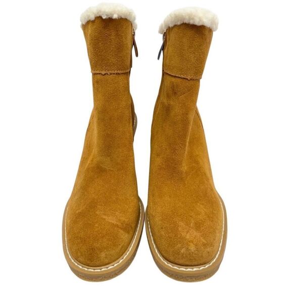Franco Sarto Boots Size 8 Tan Leather Suede Shearling Wedge Heel Booties - Picture 3 of 9